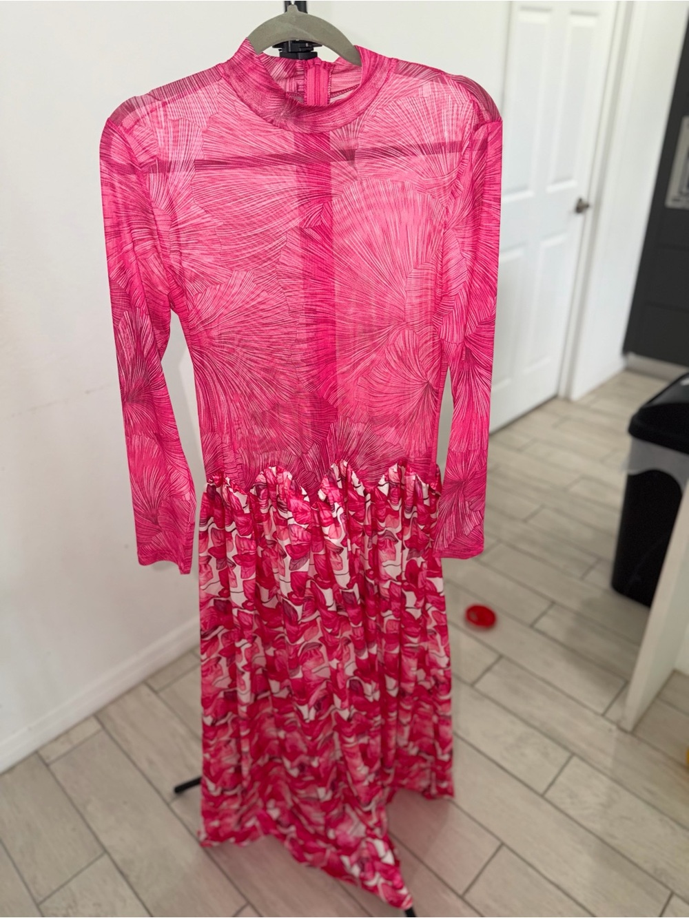 Girls' Pink Long-Sleeve Printed Maxi Dress